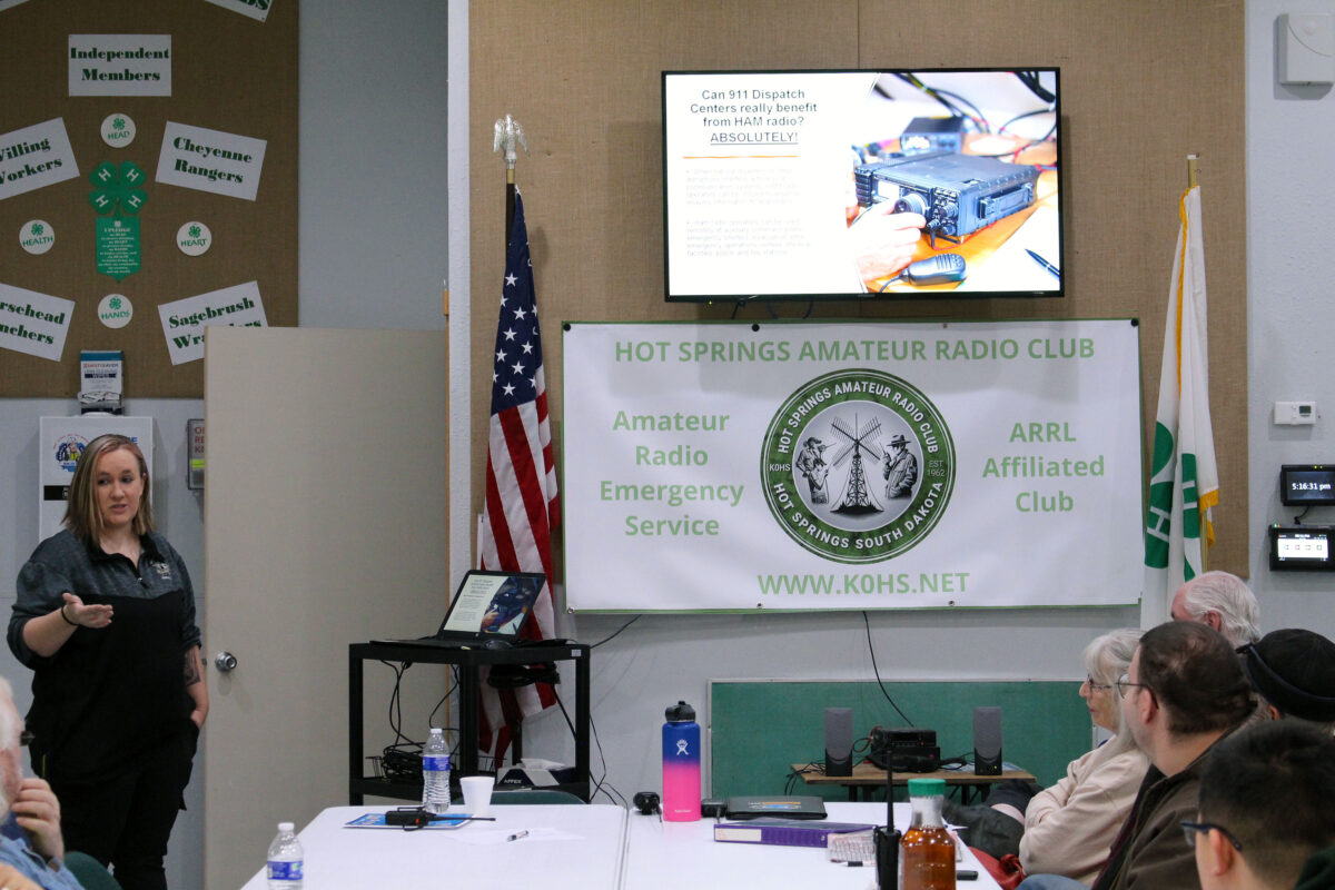 Melissa Fleming of Fall River County 911 Dispatch presenting to the Hot Springs Amateur Radio Club's (K0HS) beginner ham radio class.