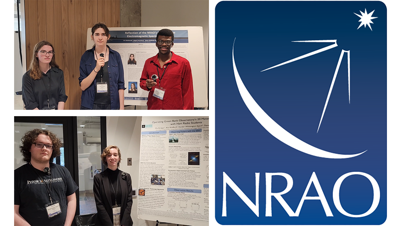 Grantees from National Radio Astronomy Observatory (NRAO) Exploring the Electromagnetic Spectrum (EMS) project at the 2024 HamSCI Workshop. Top right: Abigail Swanberg (KQ4MHA), Erin McDonald (KQ4IES), Nejon McBride-Stubbs (KJ5AXD); bottom right: Xander Whittington-Speck (KJ5DDU), Mia Bridges (KQ4MGZ); right: NRAO logo.